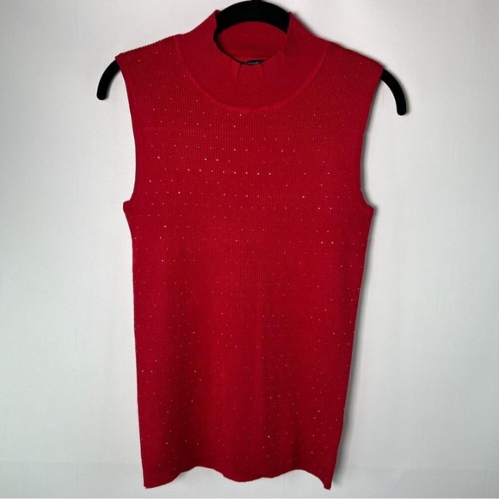 NWT‎ TAHARI T Fiery Red Viscose Blend Small Gold Sparkles Sleeveless Top Blouse - Picture 2 of 8